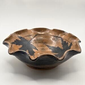 Handmade Ruffled Edge Ceramic Pottery Bowl Wavy Scalloped Edge Signed